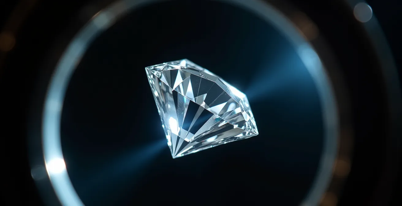 Nahaufnahme eines Diamanten unter der Juwelierlupe mit sichtbaren Lichtreflexionen
