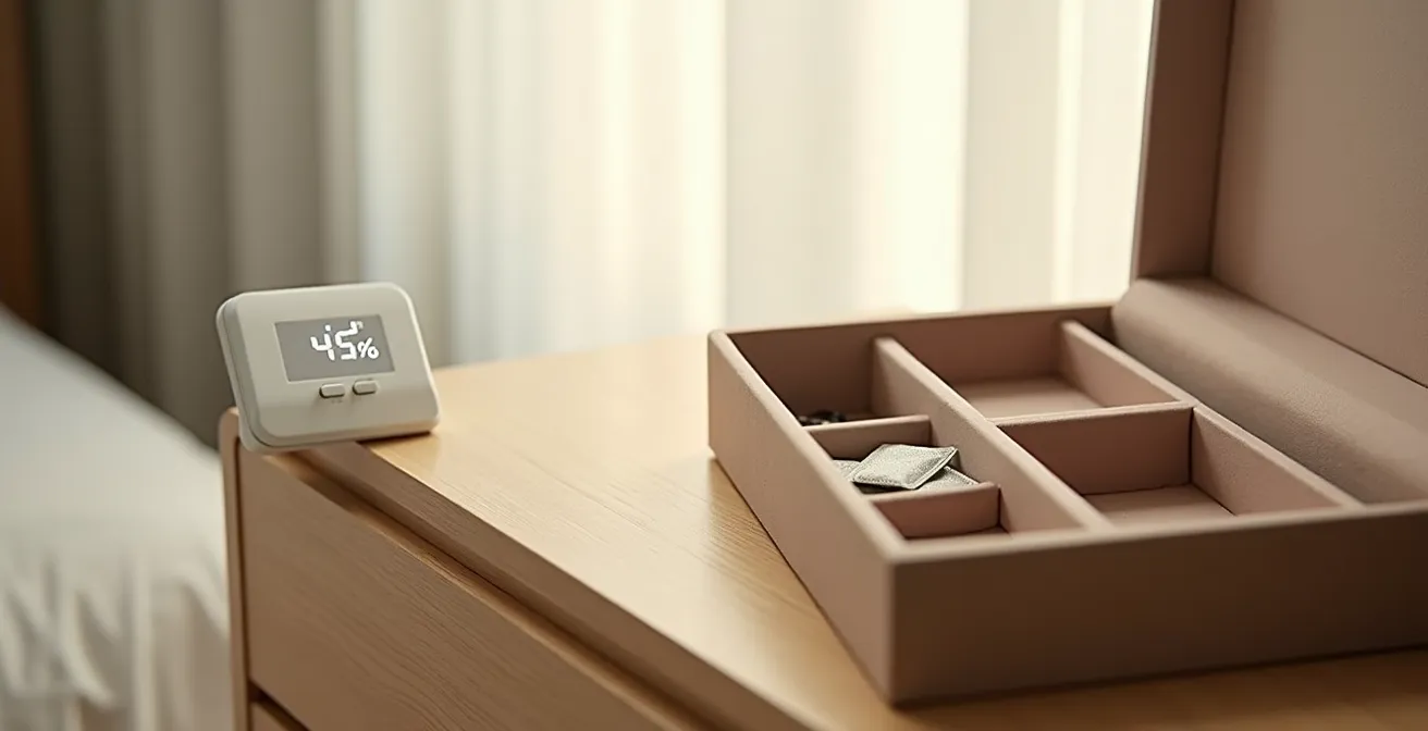 Modernes digitales Hygrometer neben einer geöffneten Schmuckschatulle auf dunklem Holz