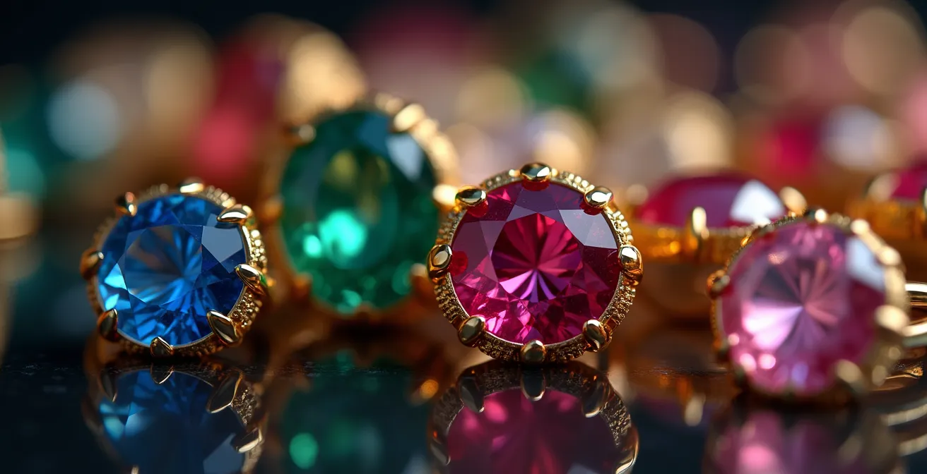 Verschiedene Edelsteine in Gelbgoldfassungen zeigen perfekte Farbharmonie