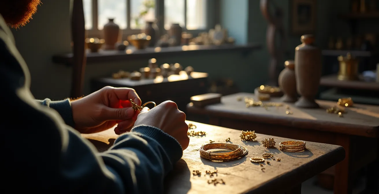 Goldschmiedewerkstatt mit traditionellen Werkzeugen und Goldbearbeitung, die den Wert der Handwerkskunst symbolisiert