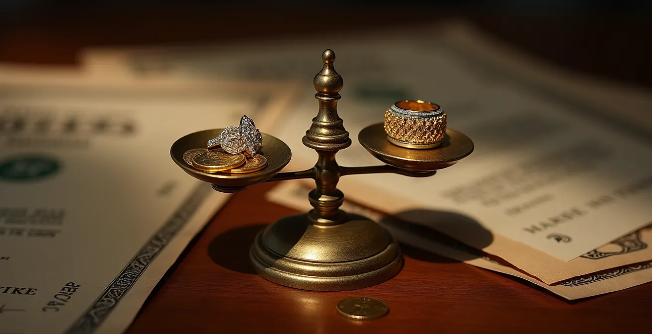 Drei verschiedene Goldschmuckstücke auf einer Waage mit deutschen Wertdokumenten im Hintergrund