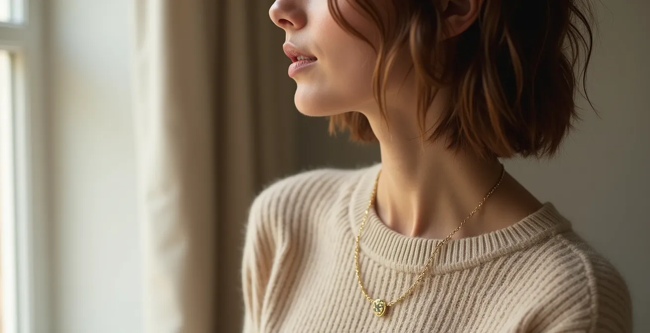 Monochromes Outfit in Beige mit feiner Goldkette als einziges Accessoire