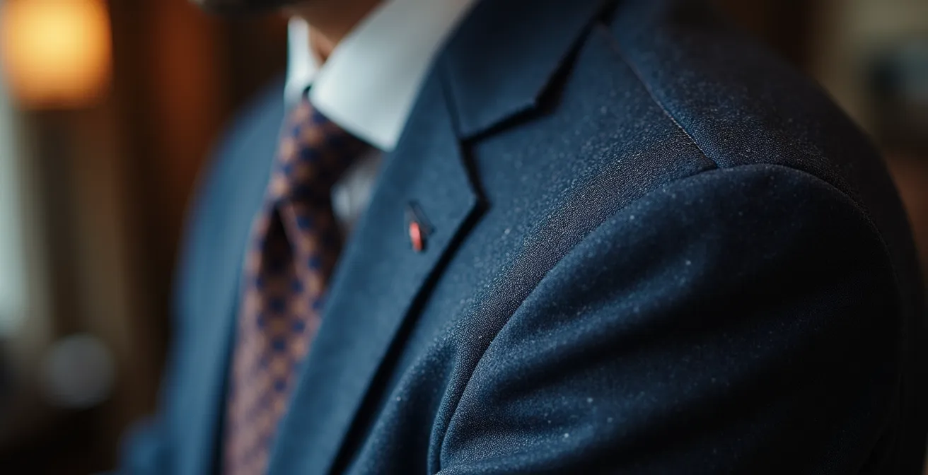 Nahaufnahme von Anzugdetails zeigt perfekte Schulternaht und Ärmellänge