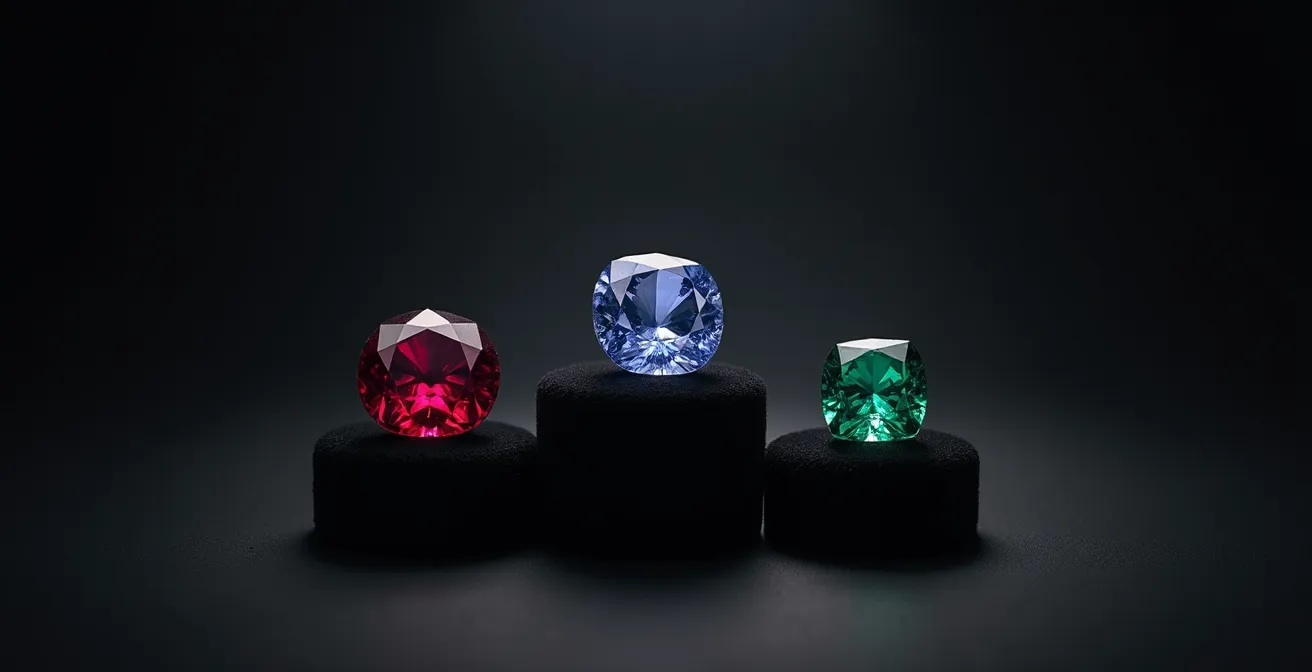 Detailaufnahme der drei kostbarsten Edelsteine in ihrer natürlichen Brillanz