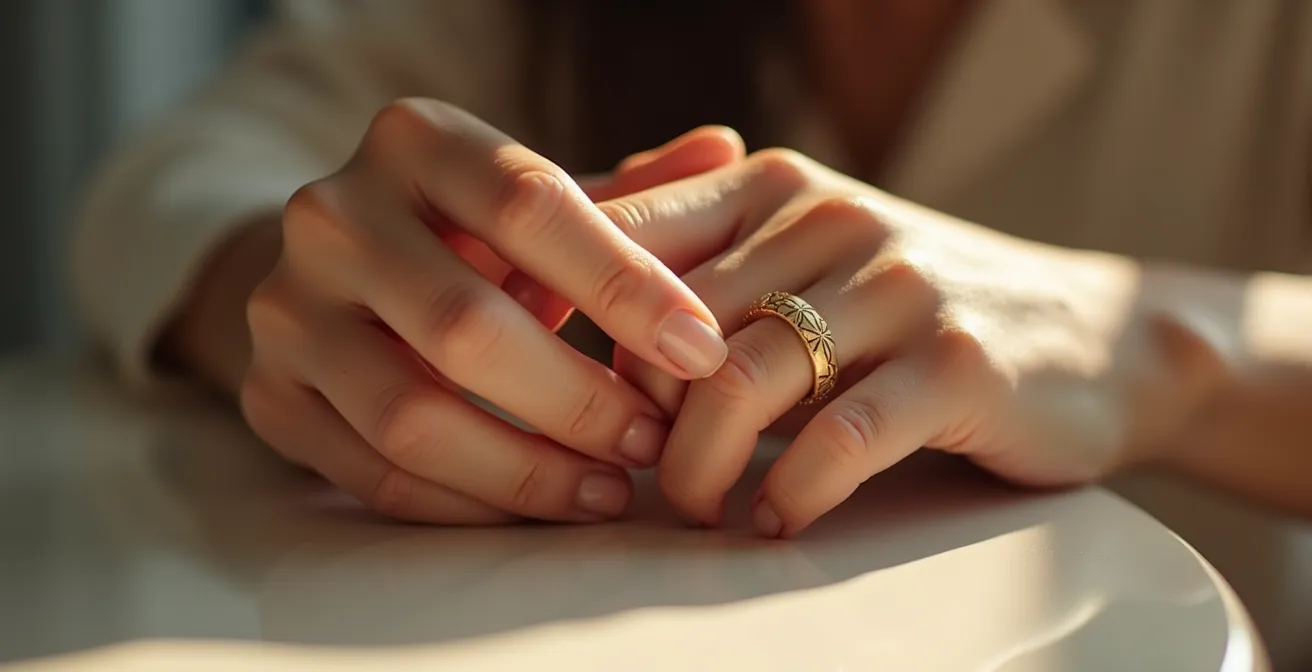 Nahaufnahme von Händen beim achtsamen Anlegen eines bedeutungsvollen Rings