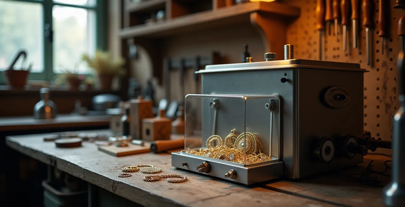 Professionelles Ultraschallgerät in einer deutschen Goldschmiedewerkstatt mit verschiedenen Schmuckstücken
