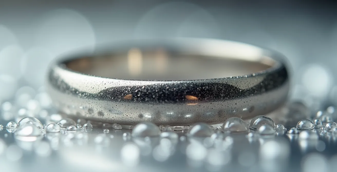 Detailaufnahme eines Weißgoldrings mit sichtbarer Rhodiumschicht
