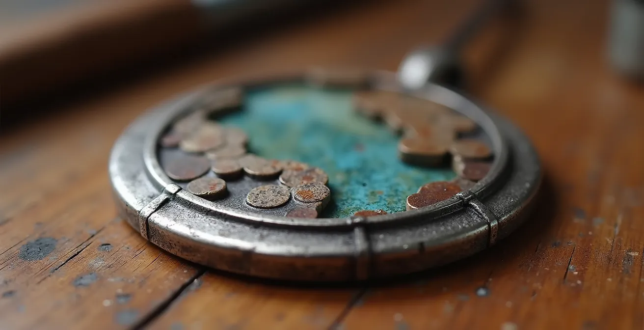 Makroaufnahme eines handgefertigten Anhängers mit sichtbarer Materialstruktur und natürlichem Lichtspiel