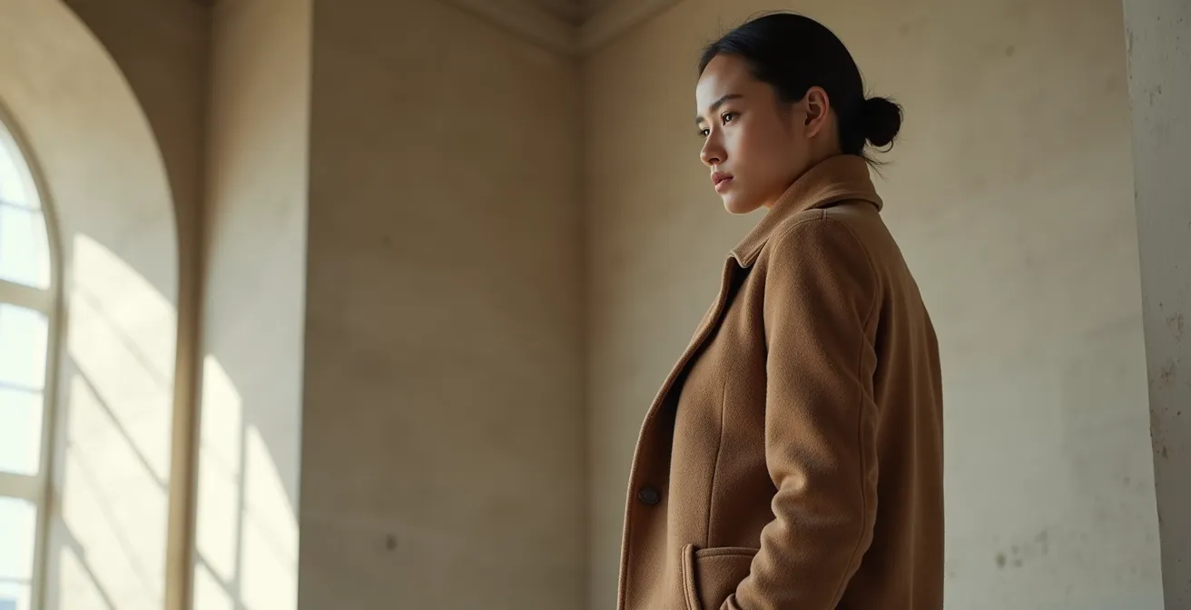 Seitenprofil einer Person in perfekt geschnittenem Mantel mit sichtbaren Linien und Proportionen