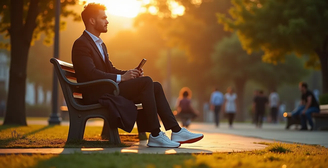 Person in Athleisure-Outfit entspannt im städtischen Park bei goldenem Abendlicht