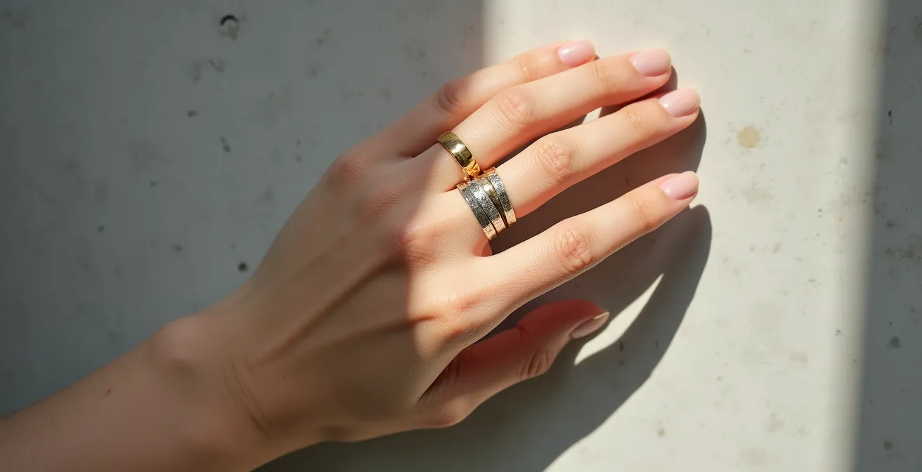 Elegante Hand mit Bicolor-Schmuckkombination aus Weiß- und Gelbgoldringen im minimalistischen Stil