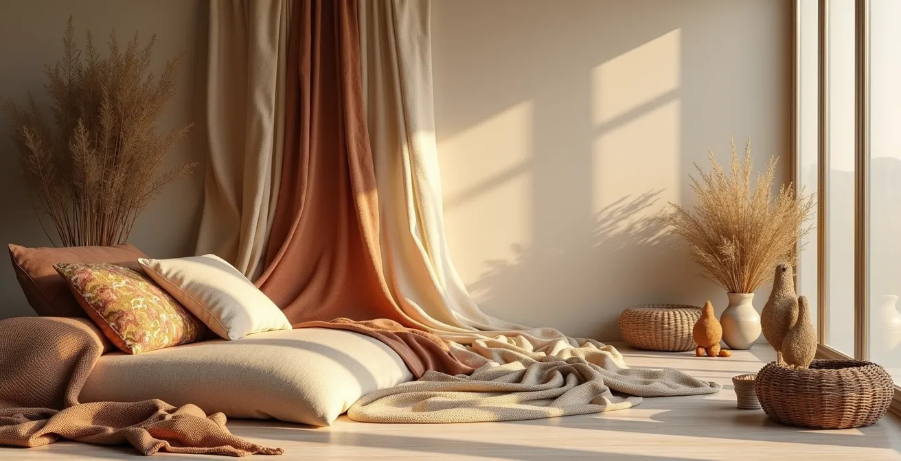 Bohemian Stil mit verschiedenen ethnischen Mustern und natürlichen Texturen