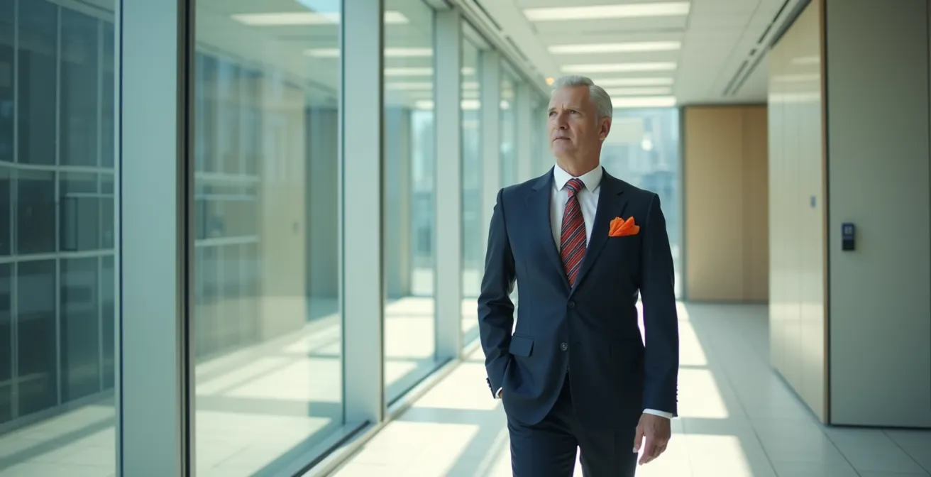 Geschäftsperson in elegantem Outfit mit individuellem Akzent in modernem Büroumfeld