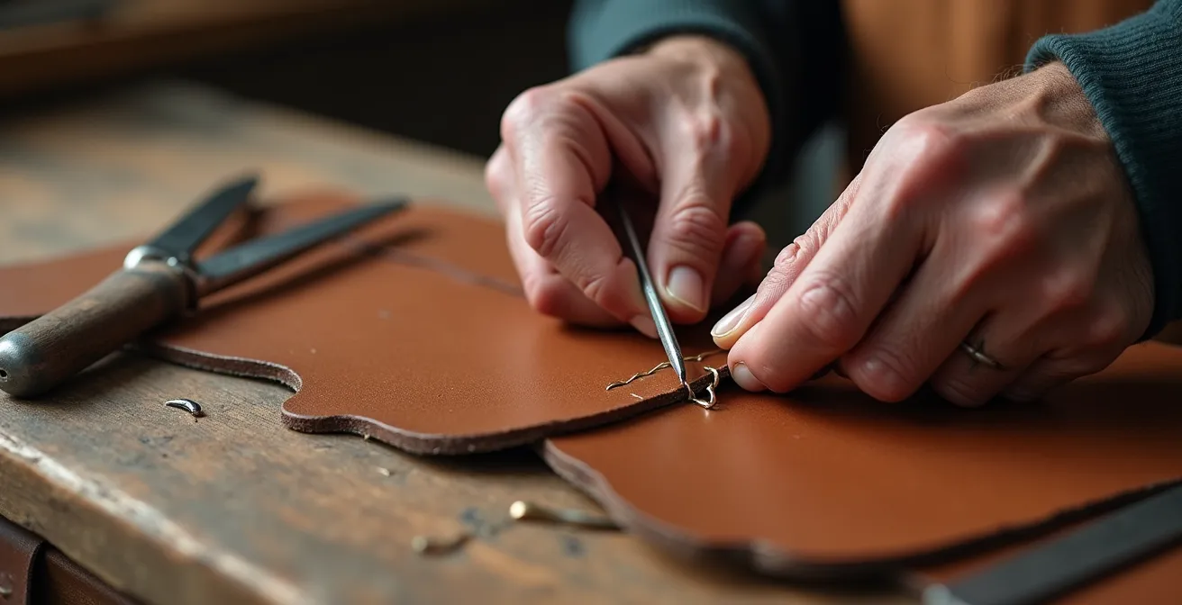 Handwerkliche Lederverarbeitung in einer deutschen Manufaktur, die die Tradition und Qualität des Materials hervorhebt.
