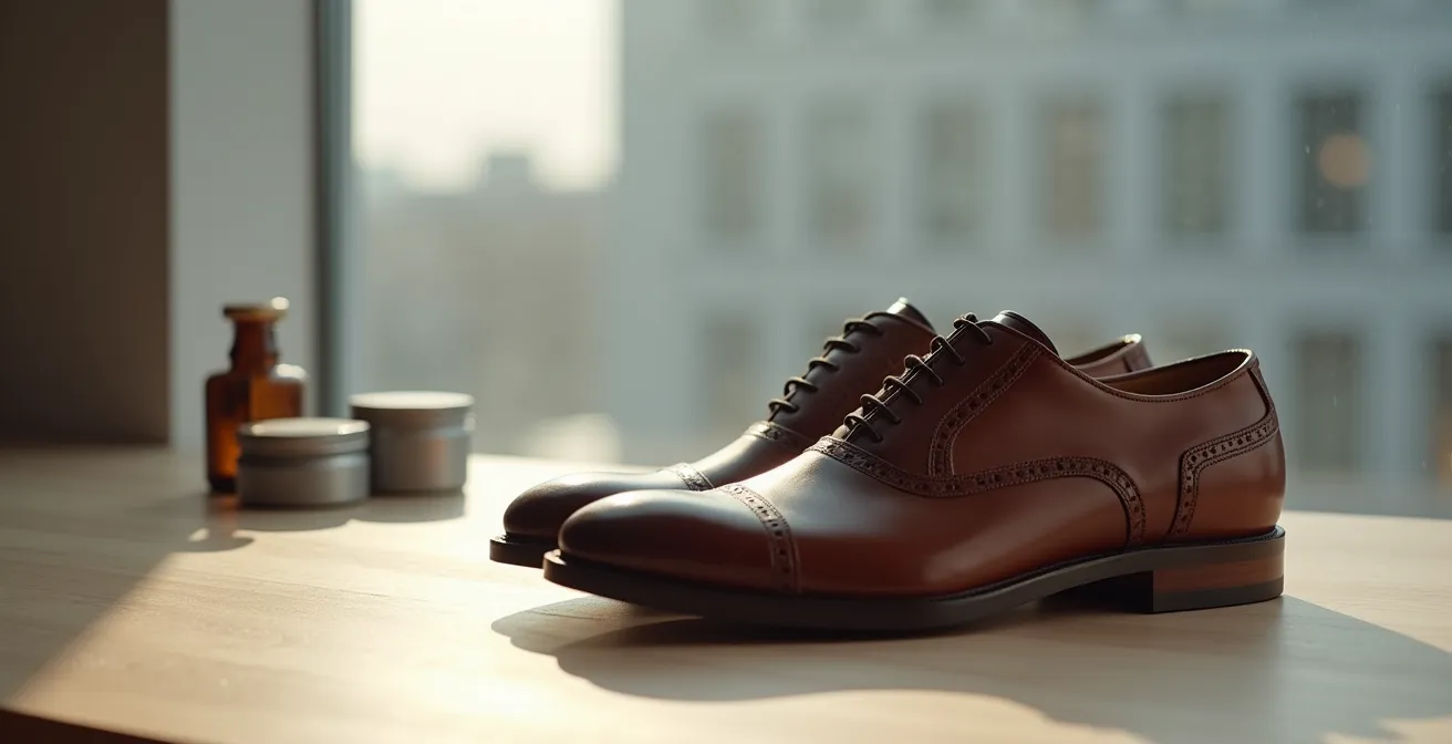 Minimalistische Komposition mit gepflegten Lederschuhen und Pflegeutensilien