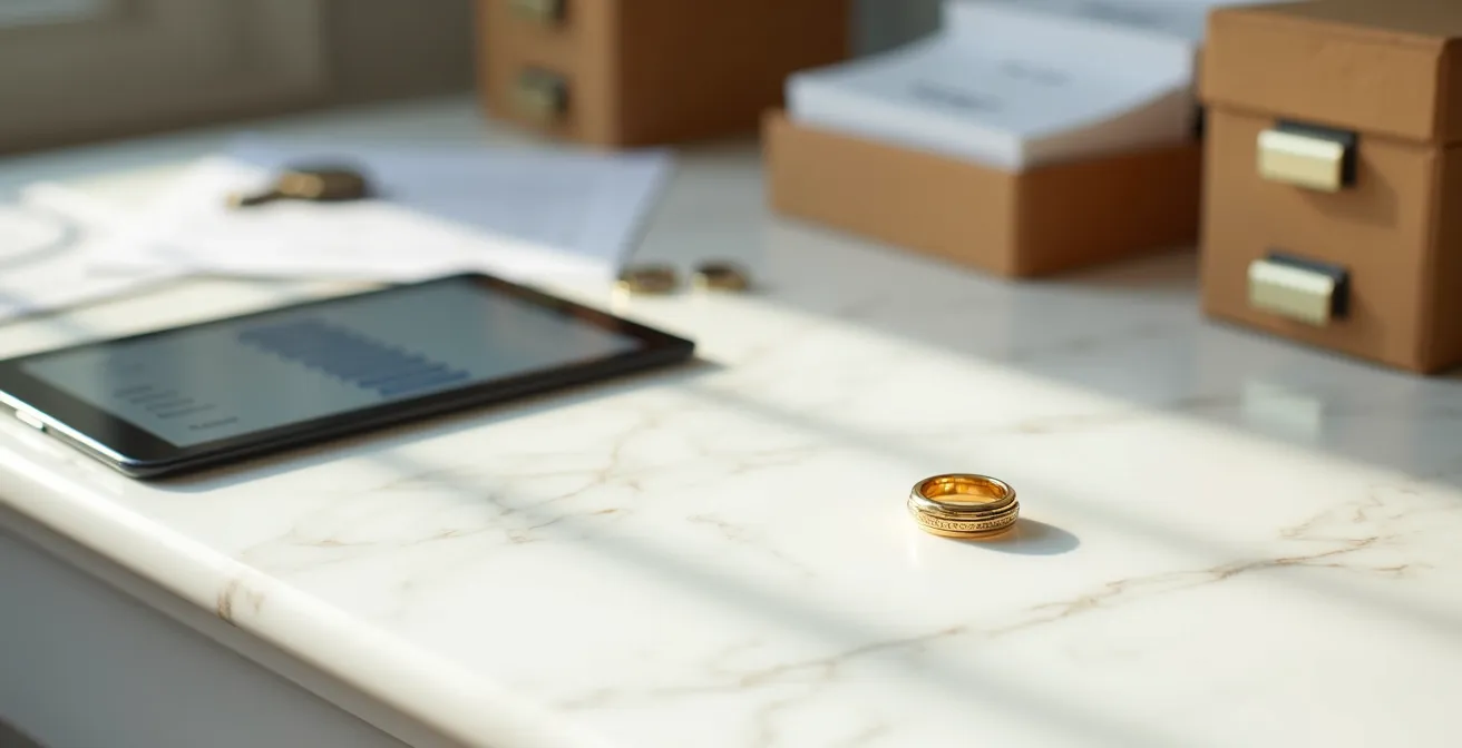 Professionelle Dokumentation von Goldschmuck auf einem minimalistischen Arbeitsplatz für den digitalen Nachlass.