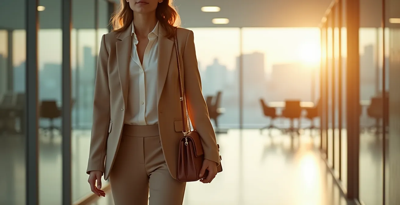 Eine elegante East-West Tasche kombiniert mit Business-Outfit im urbanen Setting