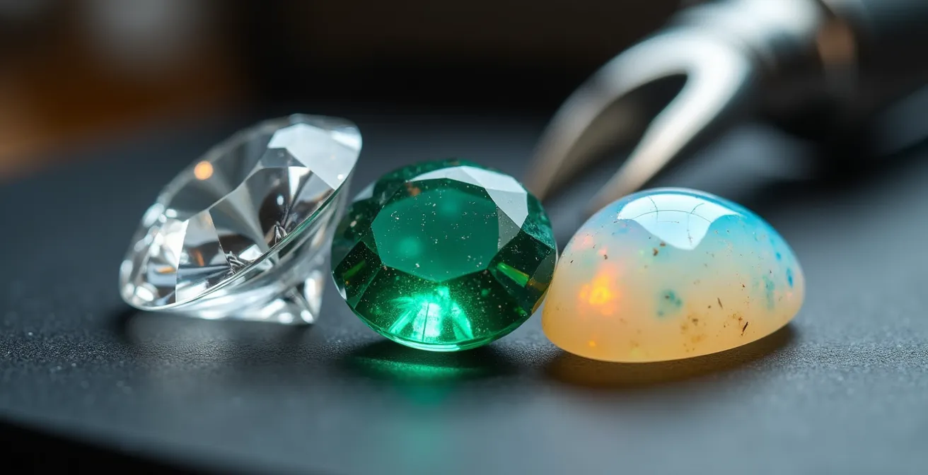 Nahaufnahme verschiedener Edelsteine mit sichtbarer Oberflächenstruktur