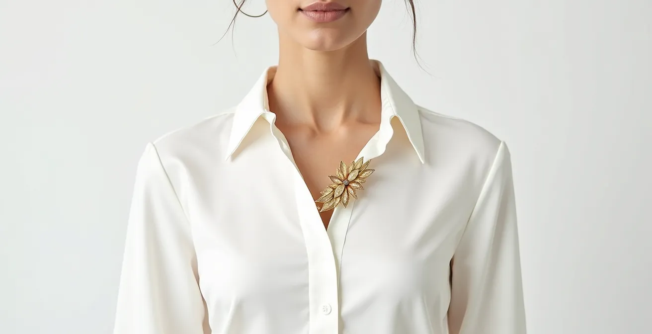 Minimalistisches weißes Hemd mit einzelner goldener Art-Déco-Brosche am Kragen