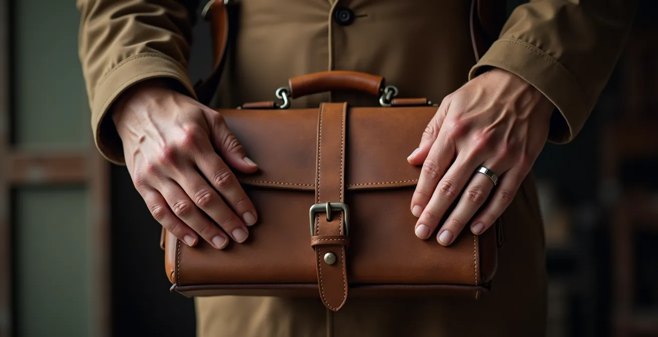 Gealterte Hände halten behutsam eine Vintage-Lederaktentasche und betonen die emotionale Verbindung zwischen Generationen und dem charaktervollen, gealterten Material.
