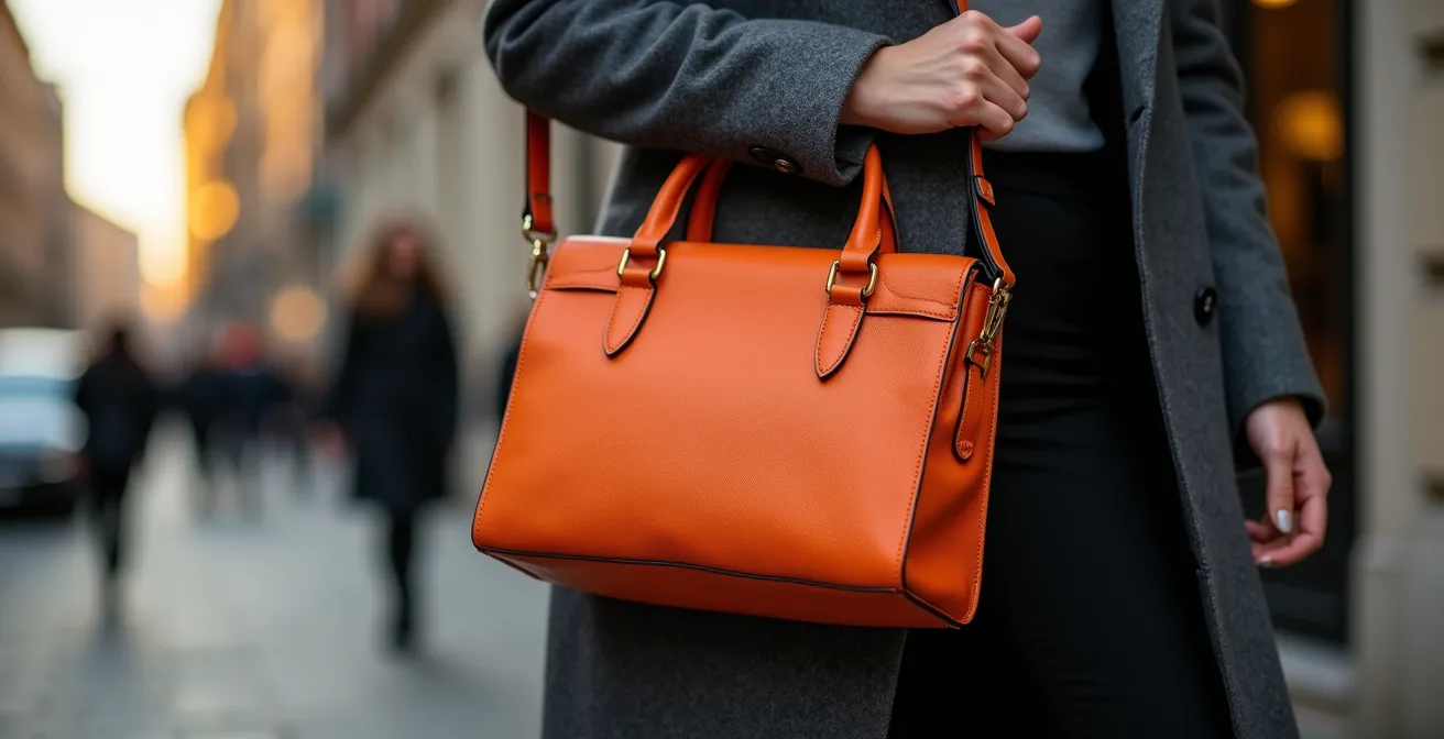 Leuchtend orangefarbene Handtasche als Blickfang zu minimalistischem Outfit