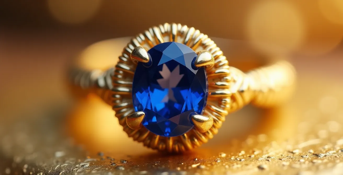 Makroaufnahme von Saphir in Gelbgoldfassung mit sichtbarer Handwerkskunst