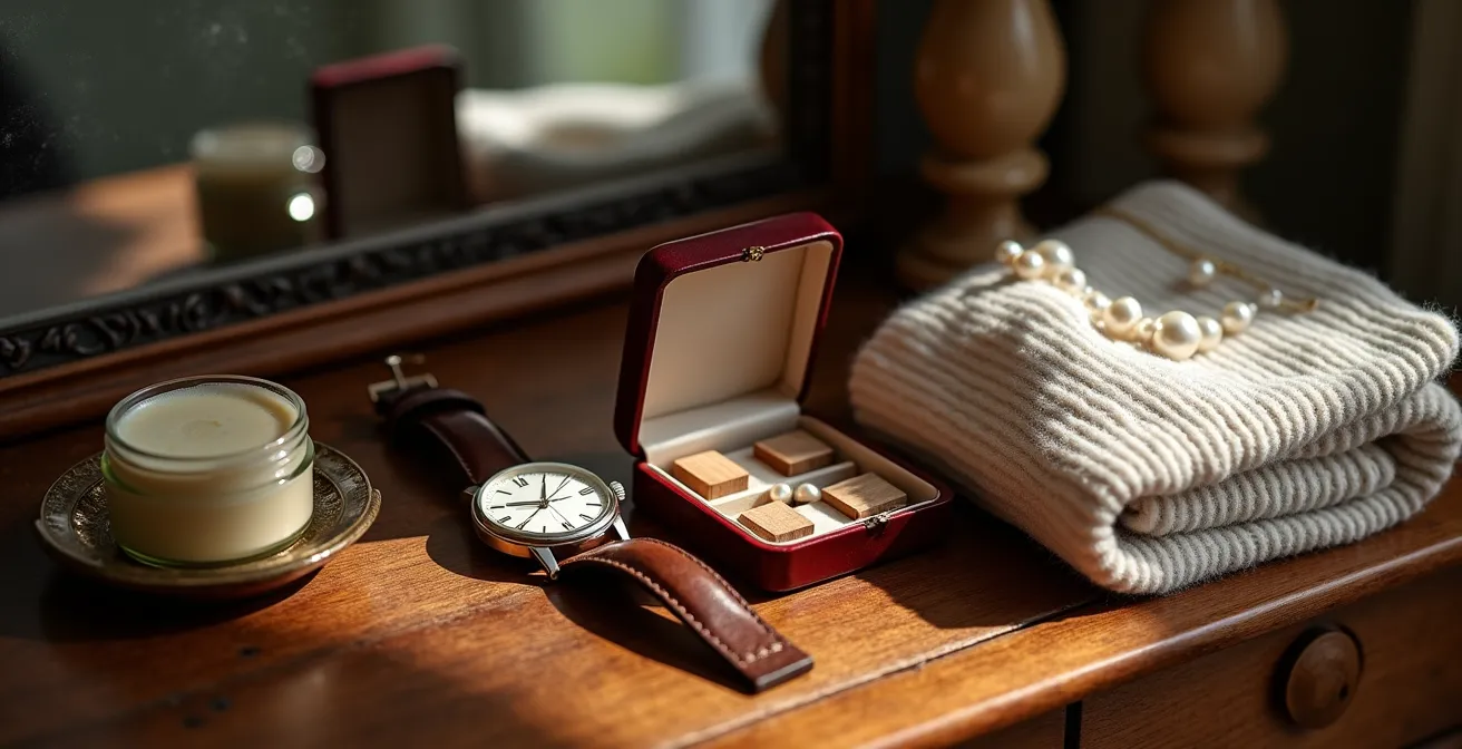 Gepflegte klassische Kleidungsstücke und Accessoires als Erbstücke, die über Generationen weitergegeben werden können.