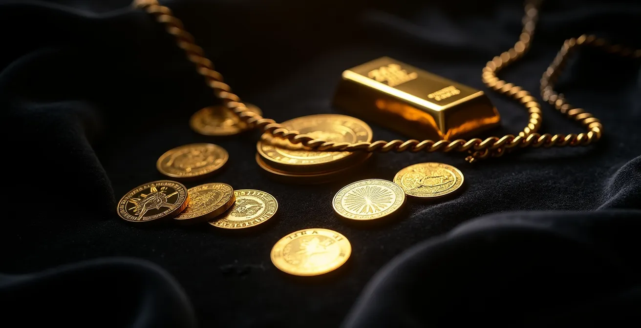 Vergleich zwischen Goldbarren, Münzen und hochwertigem Goldschmuck als Investitionsobjekte