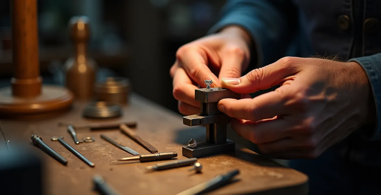 Detailaufnahme einer präzisen Krappenfassung in Weißgold