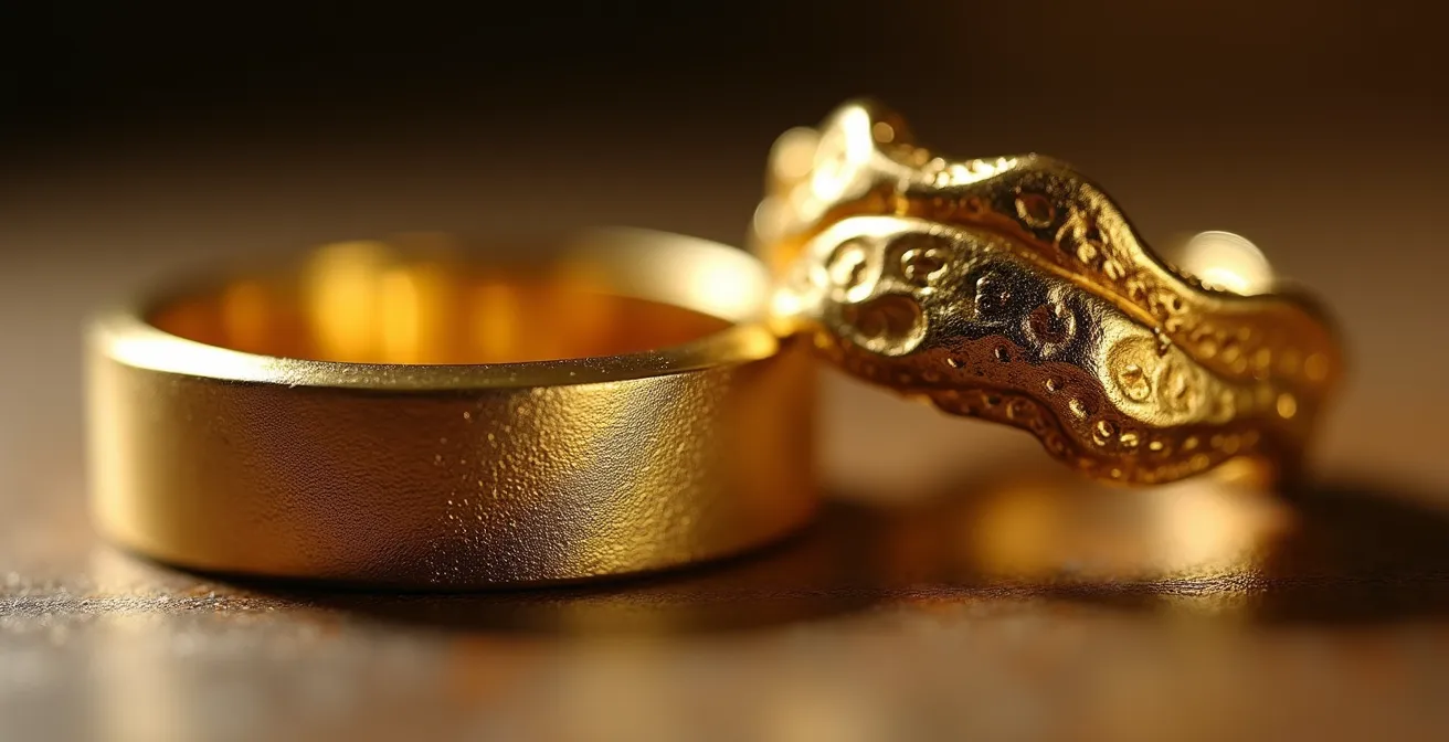 Vergleich zwischen zeitlosem Goldschmuck und modernen Designerstücken, der die unterschiedlichen Texturen und Formen hervorhebt.