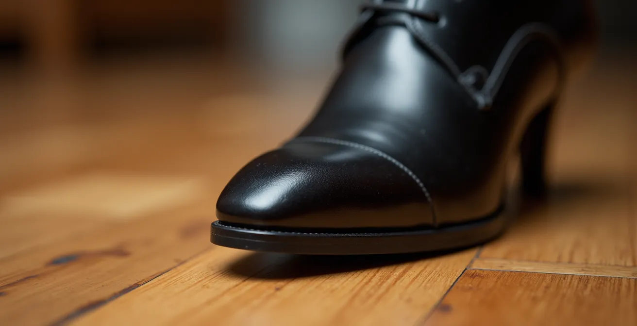 Nahaufnahme eines eleganten Pumps beim Auftreten auf Parkettboden, die den Moment des Kontakts zeigt.