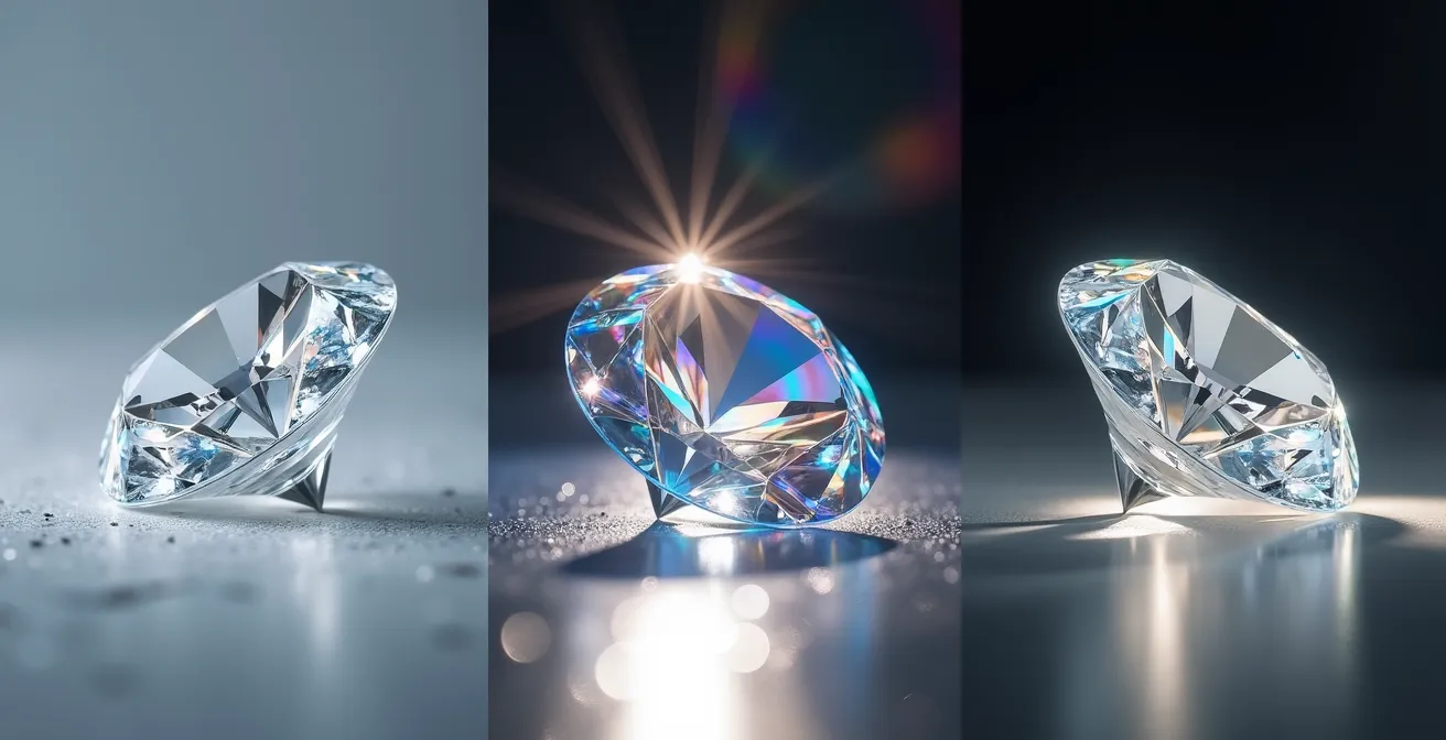 Vergleichsdarstellung der drei Lichtphänomene in einem Diamanten unter verschiedenen Lichtverhältnissen
