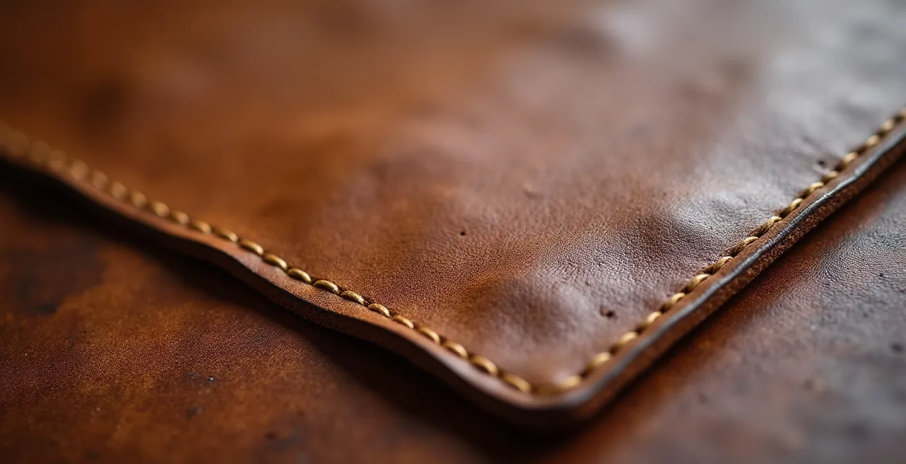 Makroaufnahme von hochwertigem Leder mit sichtbarer Patina und Handwerksdetails