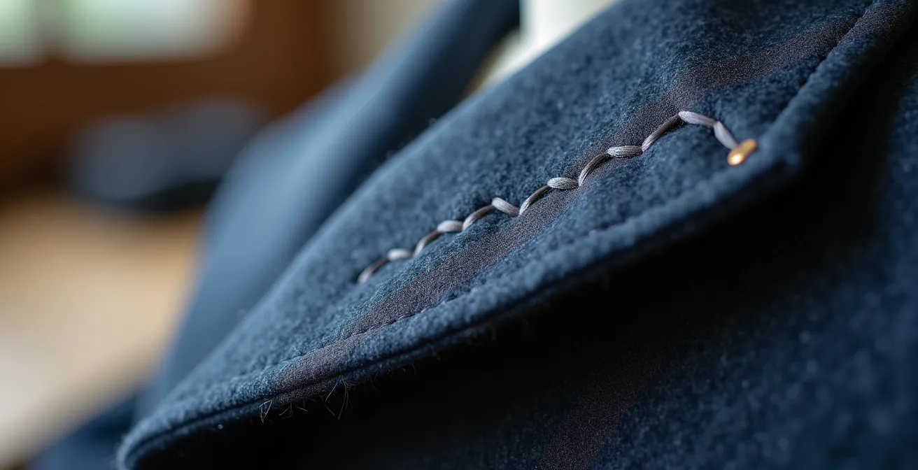 Nahaufnahme von handgenähten Details an einem hochwertigen Anzug