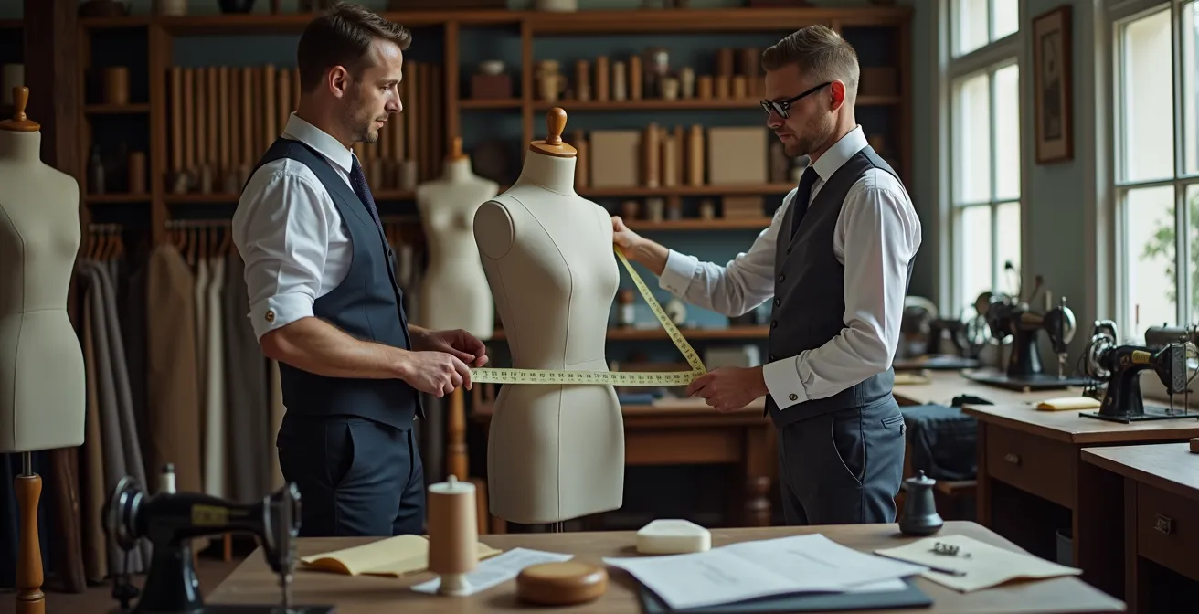 Massschneider nimmt präzise Körpermasse für einen Massanzug in einem traditionellen deutschen Atelier