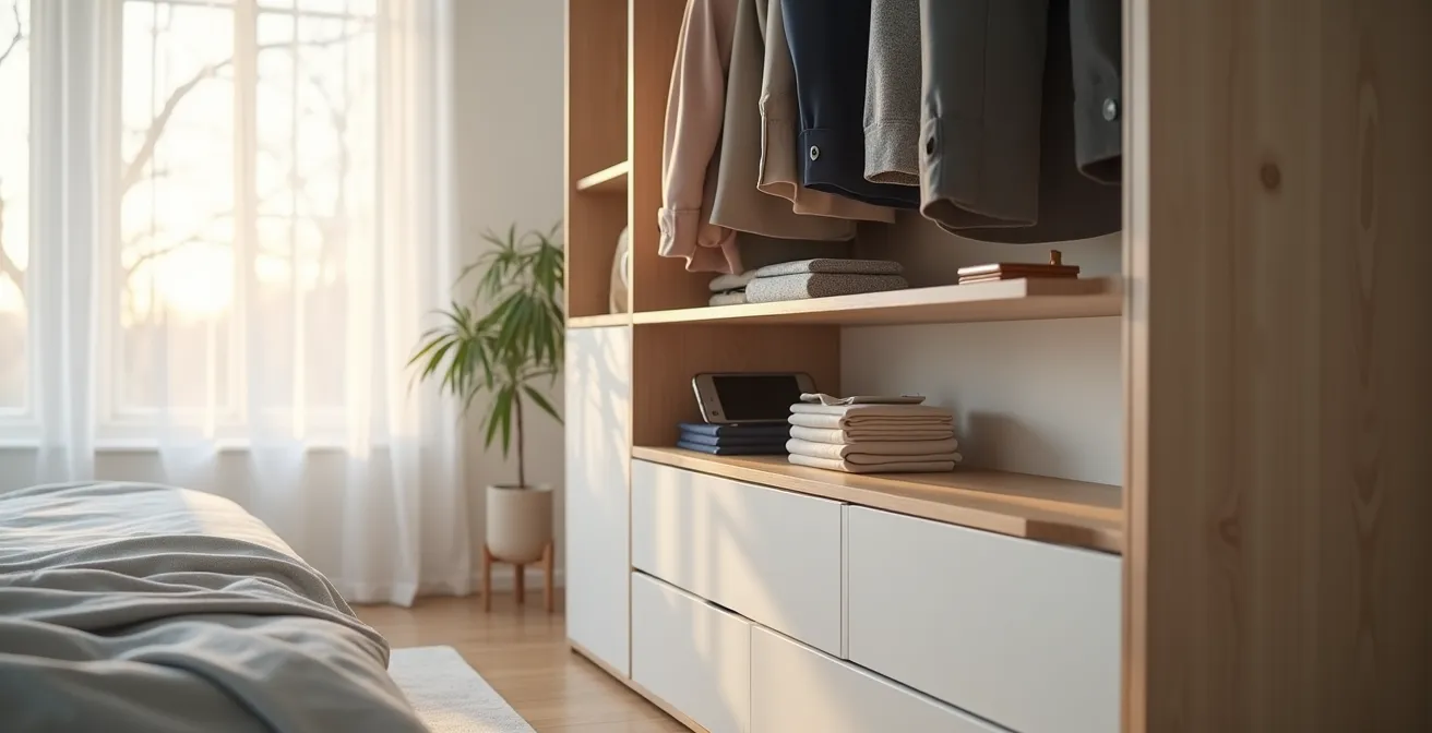 Ruhige Morgenszene mit perfekt organisiertem funktionalem Kleiderschrank