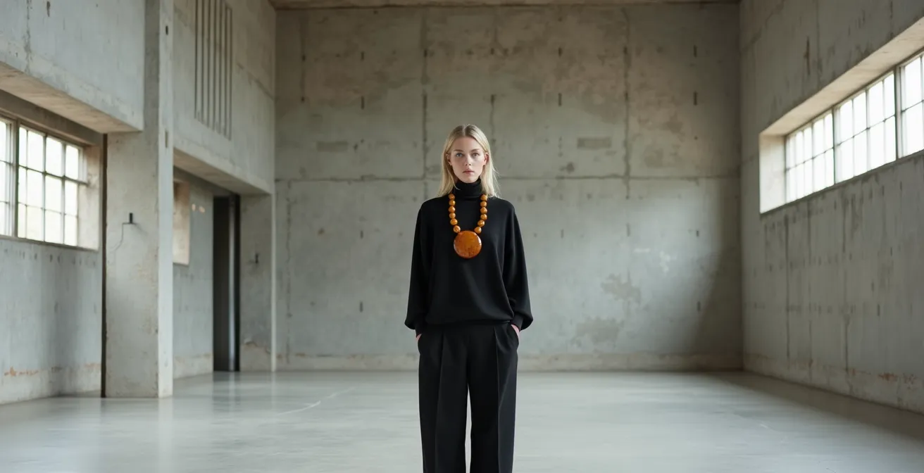 Minimalistisch gekleidete Person mit auffallendem Statement-Schmuckstück vor neutralem Hintergrund in einer modernen Berliner Galerie.