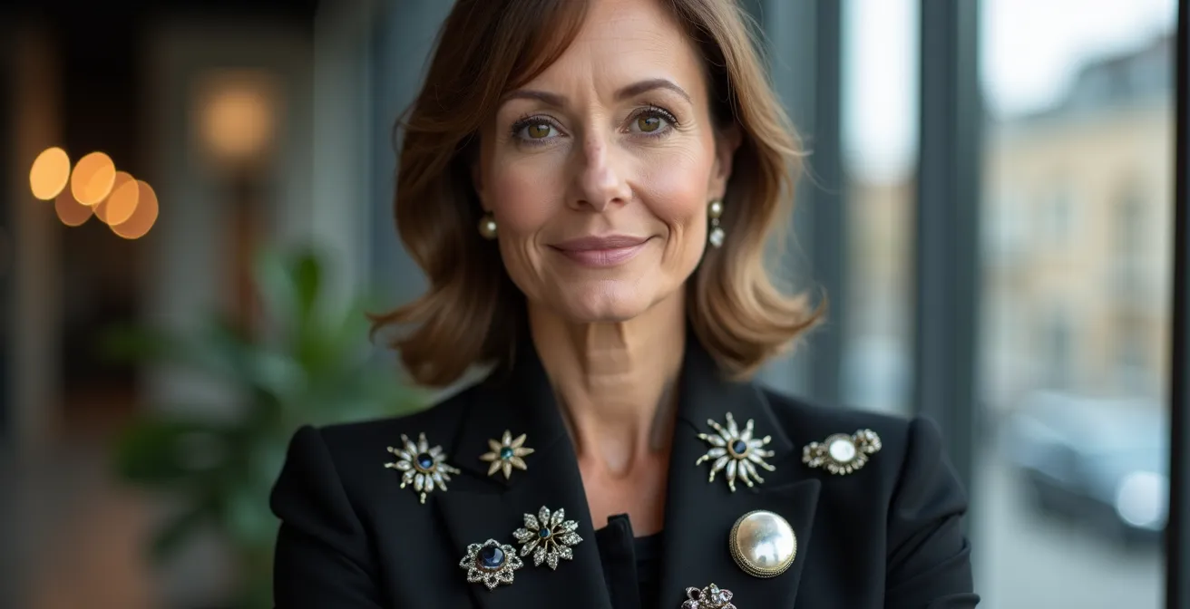 Moderne Frau trägt mehrere Vintage-Broschen asymmetrisch auf schwarzem Blazer