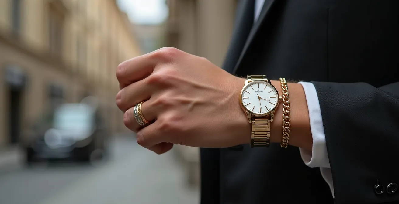 Moderne Hand trägt gemischte Goldtöne in urbanem Berliner Setting