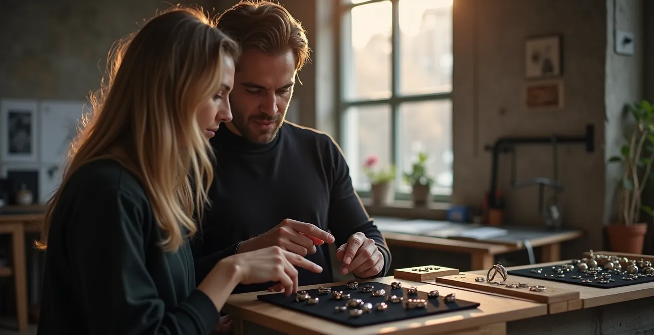Paar beim gemeinsamen Betrachten von Schmuck in entspannter Atmosphäre