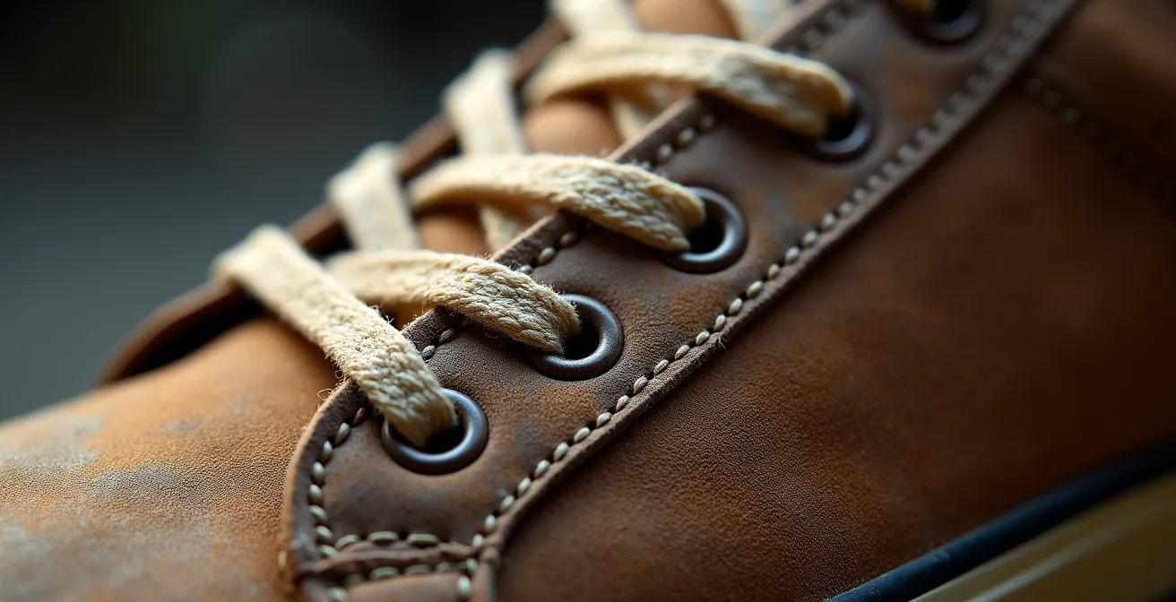 Makroaufnahme von vintage Adidas-Sneaker Details mit charakteristischen drei Streifen