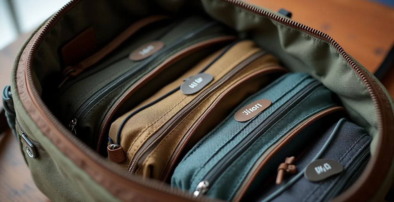 Modulares Organizer-System mit thematischen Pouches in geöffneter Tasche