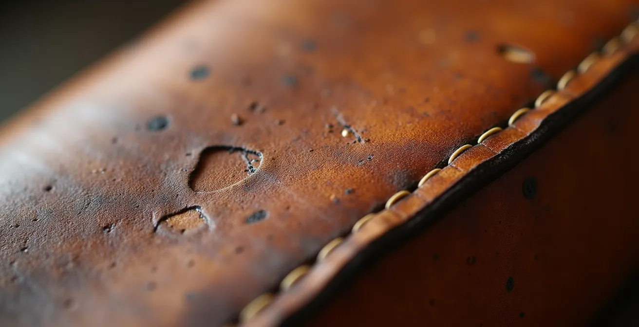 Nahaufnahme einer gepflegten Ledertasche mit natürlicher Patina, die die reiche Textur und die feinen Rillen des gealterten Leders zeigt.
