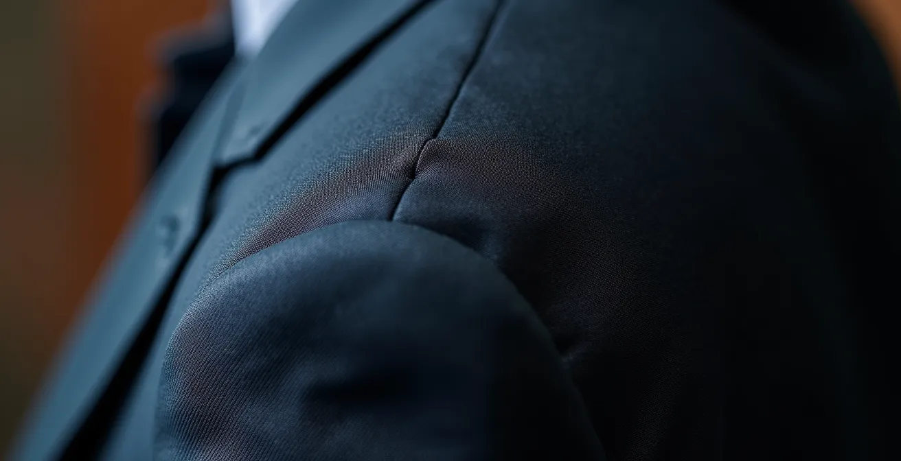 Detailaufnahme eines perfekt sitzenden Anzugs mit Fokus auf Schulterpartie und Reversbreite