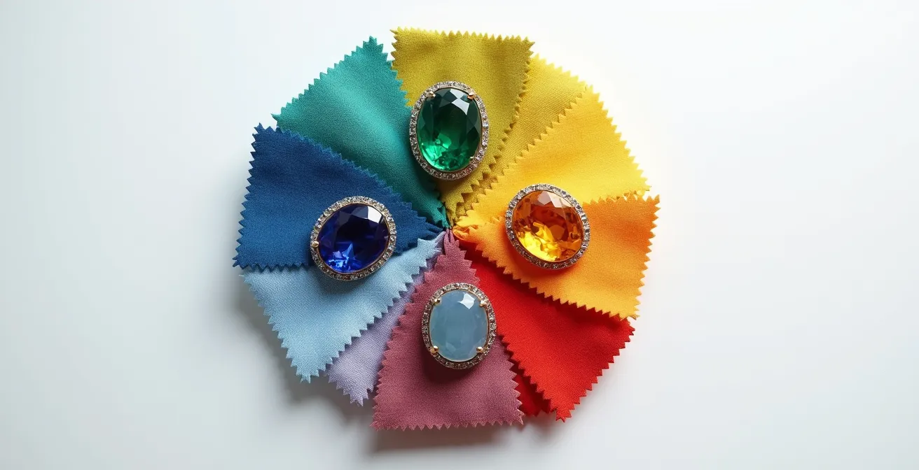 Verschiedenfarbige Edelsteine arrangiert nach Farbpsychologie mit deutschem Bezug