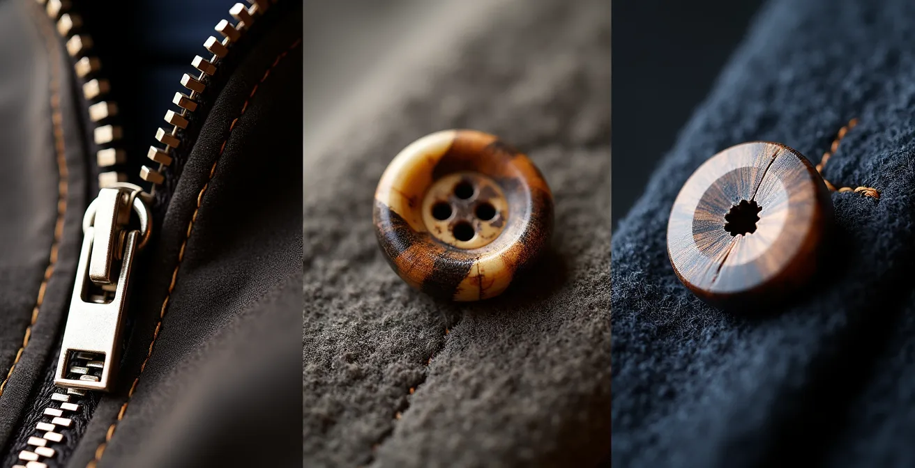 Detailaufnahme von Qualitätsmerkmalen an Kleidung: Reissverschluss, Knöpfe und Nähte