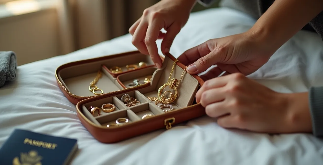 Kompaktes Reise-Schmucketui aus Leder mit verschiedenen Fächern für Schmuckstücke