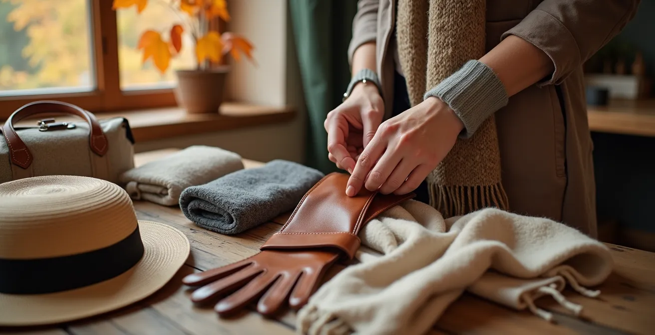 Jahreszeitliche Accessoires elegant auf natürlichem Holz arrangiert