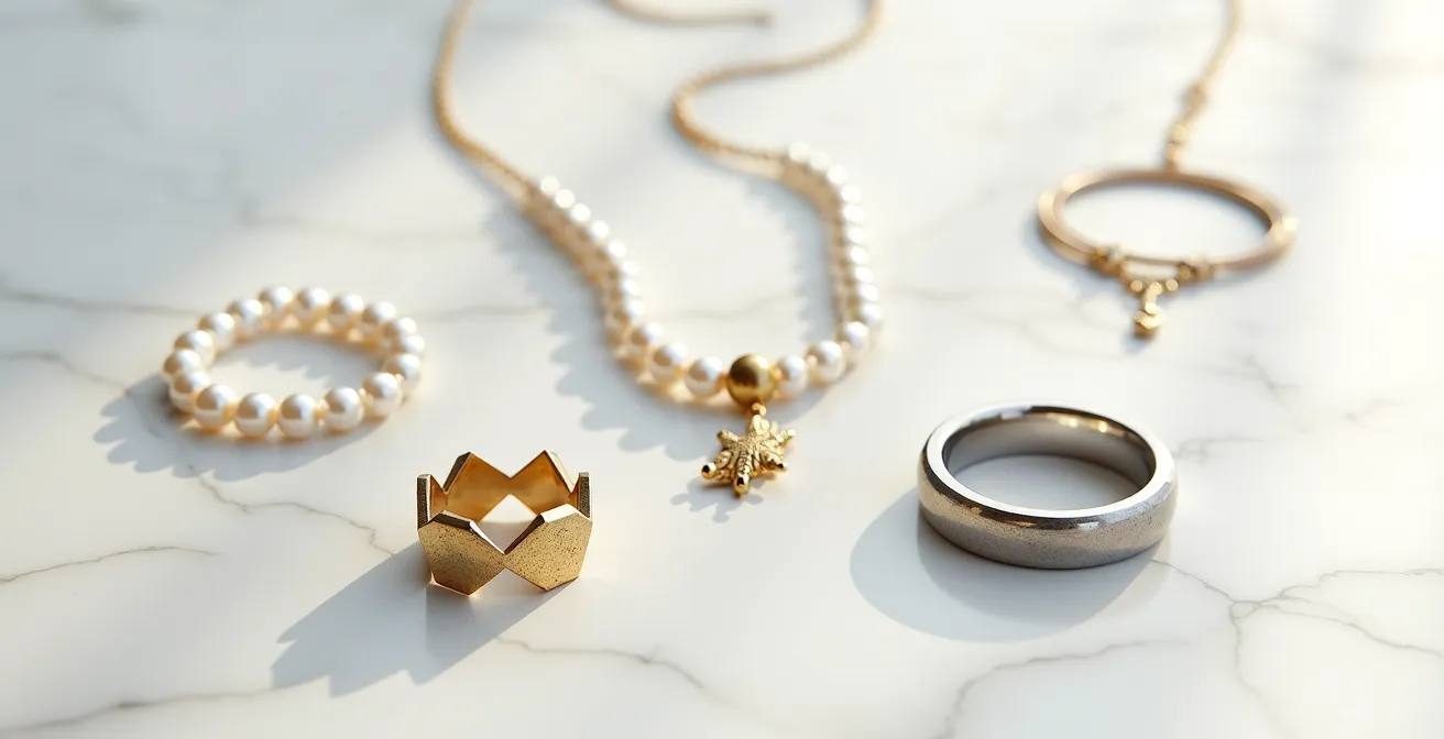 Verschiedene Schmuckstücke kunstvoll arrangiert auf hellem Marmor, die den Mix aus traditionellen und modernen Stilen symbolisieren.