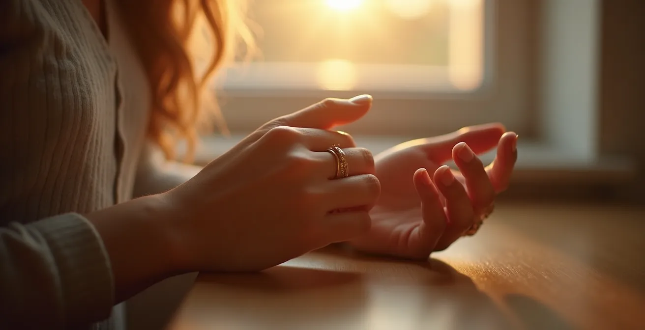 Nahaufnahme von Händen beim achtsamen Anlegen eines bedeutungsvollen Schmuckstücks